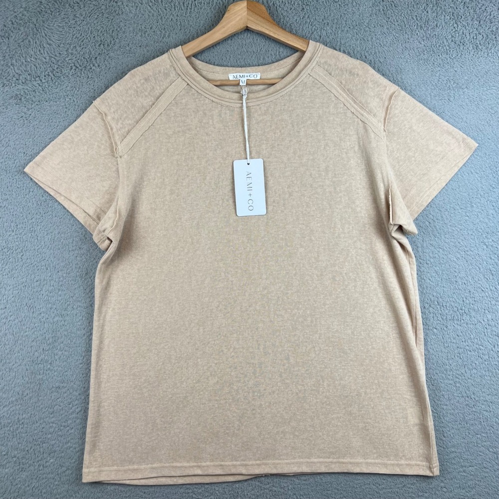 MNWT AEMI + CO Junie Top Oat Beige Raw Seam Cotton Knit Tee Shirt Womens